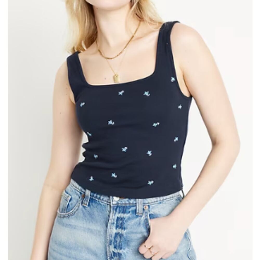 Old Navy Navy Blue Floral Ultra Crop Rib Knit Tank Top NEW Womens Large Summer
